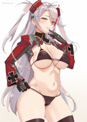 Rule 34 | 1girl, absurdres, antenna hair, azur lane, bikini, black bikini, black gloves, black thighhighs, blush, breasts, bright pupils, brown eyes, cleavage, cowboy shot, cross, flag print, flag print bikini, german flag, german flag bikini, gloves, gradient background, grey background, grin, groin, headgear, highres, iron cross, large breasts, long hair, long sleeves, mole, mole on breast, multi-strapped bikini bottom, multi-strapped bikini top, multicolored hair, navel, nuko (mikupantu), official alternate costume, print bikini, prinz eugen (azur lane), prinz eugen (unfading smile) (azur lane), red hair, revision, sideboob, simple background, single thighhigh, smile, solo, standing, stomach, streaked hair, swimsuit, thigh strap, thighhighs, thighs, twitter username, two side up, underboob, very long hair, white hair, yellow background