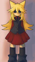 1girl absurdres animal_ears arms_behind_back black_eyes black_necktie black_thighhighs black_vest blonde_hair blush_stickers bright_pupils closed_mouth collared_shirt commentary english_commentary feet_out_of_frame funamusea hair_between_eyes highres iesonatana long_hair long_sleeves looking_at_viewer miniskirt moge-ko mogeko_castle necktie pleated_skirt red_shirt red_skirt shirt skirt smile solo standing straight-on thighhighs very_long_hair vest white_pupils