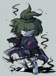 1other adagumo_no_saragimaru androgynous aodo_mikan bags_under_eyes bare_legs black_shirt blue_shorts blue_vest blunt_bangs capelet closed_mouth commentary_request determined double-parted_bangs floating_clothes floating_hair floral_print frown full_body fur-trimmed_capelet fur_trim green_hair grey_background hair_between_eyes hair_ornament hand_on_hilt high_ponytail highres holding holding_polearm holding_weapon japanese_clothes len&#039;en long_sleeves medium_hair naginata neck_ribbon other_focus polearm pom_pom_(clothes) ponytail puffy_shorts purple_capelet red_eyes red_ribbon ribbon shadow shirt short_ponytail short_sword shorts simple_background sleeves_past_wrists snake snake_hair_ornament snake_tail socks solo split_ponytail standing sweatdrop sword tail tsurime twitter_username v-shaped_eyebrows vest weapon white_socks wide_sleeves