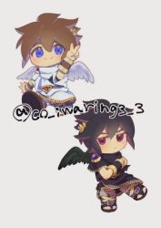 Rule 34 | 2boys, ahoge, androgynous, angel, angel wings, arm up, armpit peek, belt, black hair, black undershirt, black wings, blue eyes, brown hair, chibi, chibi only, closed mouth, colored eyelashes, crossed arms, dark pit, foot up, fur-trimmed footwear, fur trim, gold trim, kid icarus, kid icarus uprising, ko iwari ngo, multiple boys, nintendo, no nose, pit (kid icarus), red eyes, red trim, siblings, sidelocks, simple background, smile, spiked hair, thick eyebrows, twins, twitter username, v, watermark, white background, white wings, wings