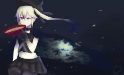 10s 1girl abyssal_ship alcohol bad_id bad_pixiv_id black_serafuku black_skirt cloud commentary_request destroyer_princess gradient_hair hair_flaps hair_ribbon hat kairoushu_(dones01127) kantai_collection legless midriff moonlight multicolored_hair navel neckerchief night night_sky no_legs pale_skin pleated_skirt purple_eyes ribbon sake school_uniform serafuku skirt sky white_hair