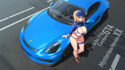 1girl abubu ahoge arm_support artoria_pendragon_(fate) baseball_cap bikini blue_eyes blue_jacket breasts character_name cleavage commentary_request cropped_jacket fate/grand_order fate_(series) from_above full_body hat highres huge_breasts jacket long_sleeves looking_at_viewer midriff mysterious_heroine_x_(fate) mysterious_heroine_xx_(fate) navel ponytail porsche porsche_cayman revealing_clothes side-tie_bikini_bottom sideboob sidelocks smile solo standing swimsuit thick_thighs thigh_strap thighs white_bikini