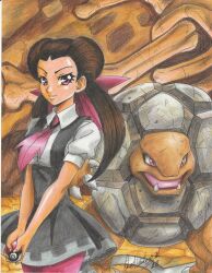1girl 2018 artist_name ascot brown_hair claws collared_shirt cowboy_shot creatures_(company) dress fang game_freak gen_1_pokemon golem_(pokemon) grey_dress holding holding_poke_ball nintendo open_mouth pantyhose pinafore_dress pink_ascot pink_eyes pink_pantyhose poke_ball pokemon pokemon_oras ravernclouk_design rock roxanne_(pokemon) sharp_teeth shirt short_sleeves sleeveless sleeveless_dress smile standing teeth tongue twintails white_shirt