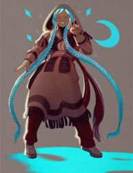 1girl absurdres aqua_hair blush braid canada closed_eyes clothing_request crescent earrings fringe_trim full_body grin hatsune_miku heart highres hood hood_up jewelry long_hair metis_(people) nightgalen shoes signature smile solo standing twin_braids v very_long_hair vocaloid worldwide_miku