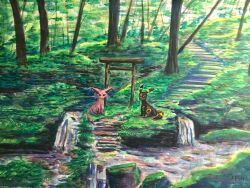 Rule 34 | animal focus, artist name, black eyes, colored sclera, day, espeon, facial mark, forehead jewel, forehead mark, forest, full body, gem, gen 2 pokemon, grass, green theme, keishi (pixiv 1245064), looking at viewer, nature, nintendo, no humans, outdoors, painting (medium), path, pokemon, pokemon (creature), purple eyes, red gemstone, red sclera, road, scenery, signature, sitting, stairs, torii, traditional media, tree, umbreon, water, watercolor (medium), waterfall