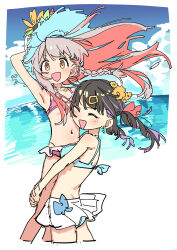 2girls :d ^_^ absurdres arm_up beach bikini black_hair blue_bikini blue_sky braid breasts brown_eyes closed_eyes cloud colored_inner_hair cropped_legs day dot_nose earrings flat_chest floating_hair flower grey_hair hair_flower hair_ornament hairclip haruyuki_(gffewuoutgblubh) hat hat_flower highres jewelry lifting_person light_blush long_hair looking_at_viewer medium_breasts multicolored_hair multiple_girls navel ocean onii-chan_wa_oshimai! open_mouth outdoors oyama_mahiro oyama_mihari pink_bikini pink_hair purple_hair siblings side_braid single_braid sisters sketch skirt sky smile stomach sun_hat swimsuit twintails two-tone_hair white_skirt