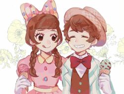 1girl bow braid brown_hair disneyland dress food gloves hair_bow hat humanization ice_cream looking_at_viewer mickey_mouse mickey_mouse_&amp;_friends minnie_mouse moov_(mb_52) open_mouth shirt short_hair smile twin_braids white_gloves