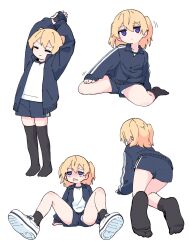 1girl blonde_hair highres jacket long_sleeves looking_at_viewer lying multiple_views no_shoes on_back on_stomach open_clothes open_jacket open_mouth original panties panty_peek paskmel shirt shorts sitting standing thighhighs underwear upshorts white_background white_shirt