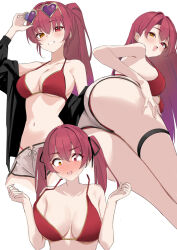 Rule 34 | 1girl, adjusting eyewear, ass, bare arms, bare shoulders, bikini, black jacket, blush, breasts, cleavage, clothes down, commentary request, full-face blush, hair between eyes, hair ribbon, haro art, heart, heart-shaped eyewear, heterochromia, high ponytail, highres, hololive, houshou marine, houshou marine (summer), jacket, jacket partially removed, large breasts, long hair, long sleeves, looking at viewer, multiple views, navel, official alternate costume, open clothes, open jacket, open mouth, ponytail, presenting, presenting ass, purple-tinted eyewear, red bikini, red eyes, red hair, ribbon, short shorts, shorts, simple background, smile, stomach, strap gap, sunglasses, sweatdrop, swimsuit, teeth, thigh strap, tinted eyewear, twintails, untied bikini top, virtual youtuber, white background, white shorts, yellow-framed eyewear, yellow eyes