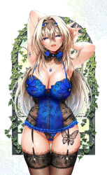 1girl absurdres blonde_hair blue_eyes breasts bug butterfly earrings flower garter_straps hair_between_eyes hair_ornament highres insect ivy jewelry lace lace-trimmed_thighhighs lace_trim large_breasts long_hair looking_at_viewer necklace open_mouth original solo teeth thighhighs tongue upper_teeth_only uzura_kazuhisa