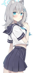 1girl absurdres animal_ear_fluff animal_ears blue_archive blue_eyes blue_halo blue_neckerchief blue_sailor_collar blue_skirt blush bright_pupils commentary_request grey_hair hair_between_eyes hair_ornament halo hanasaki_rin highres looking_at_viewer mismatched_pupils neckerchief pleated_skirt sailor_collar school_uniform serafuku shiroko_(blue_archive) shirt simple_background skirt solo white_background white_pupils white_shirt wolf_ears x_hair_ornament