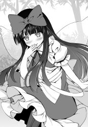 1girl arm_at_side blunt_bangs blush boots bow chima_q closed_mouth commentary_request dress fairy_wings feet_out_of_frame frilled_shirt_collar frills greyscale hair_bow hand_to_own_mouth hand_up highres long_hair monochrome outdoors petticoat puffy_short_sleeves puffy_sleeves ribbon short_sleeves sidelocks smile solo star_sapphire touhou tree very_long_hair wings