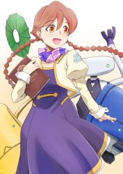 Rule 34 | 1girl, :d, absurdres, apocalypse hotel, book, bow, bowtie, braid, brown hair, dress, hair between eyes, highres, holding, holding book, juliet sleeves, kanata (mugi a), long hair, long sleeves, open mouth, orange eyes, puffy sleeves, purple bow, purple bowtie, purple dress, robot, smile, standing, twin braids, twintails, yachiyo (apocalypse hotel), yellow background