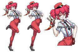 1girl black_necktie black_shoes blue_shirt bright_pupils commentary commission counter-strike_(series) counter-strike_2 dagger drill_hair english_commentary full_body gloom_(expression) highres holding holding_dagger holding_knife holding_weapon hugo_(rushbordie) karambit kasane_teto knife looking_at_viewer mesmerizer_(vocaloid) multiple_views necktie open_mouth pants red_eyes red_hair red_pants shirt shoes short_hair simple_background standing standing_on_one_leg striped_clothes striped_shirt suspenders twin_drills utau v-shaped_eyebrows weapon white_background white_pupils white_shirt