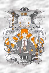 Rule 34 | 1girl, absurdres, black coat, black vest, bow, bubble, coat, collared shirt, compass, cthulhu, cthulhu mythos, hair bow, hairband, highres, ishmael (project moon), kalliope orc, limbus company, long hair, looking at viewer, necktie, orange hair, orange nails, project moon, red necktie, rope, shirt, sidelocks, solo, tentacles, very long hair, vest, white bow, white shirt