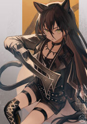 1girl :o animal_ears arknights belt belt_buckle black_belt black_boots black_choker black_hair black_jacket black_shorts boots brown_hair buckle choker claw_(weapon) commentary_request dagda_(arknights) ear_piercing earrings hemorina highres jacket jewelry lace-up_boots long_bangs long_hair long_sleeves looking_at_viewer mechanical_arms mole mole_under_each_eye mole_under_eye multicolored_hair multiple_moles open_mouth piercing shorts solo thigh_boots thigh_strap two-tone_hair watermark weapon yellow_eyes