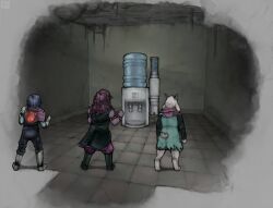 1boy 1girl 1other androgynous animal_ears armlet armor blue_hair blue_skin bracelet cape clenched_hands colored_skin deltarune fake_screenshot fear_&amp;_hunger_(series) fear_&amp;_hunger_1 from_behind full_body furry furry_female furry_male gauntlets gloves goat_boy goat_ears greaves heart_(organ) highres horns indoors jewelry kasugmond kris_(dark_world)_(deltarune) kris_(deltarune) pants parody pink_scarf purple_skin ralsei scarf short_hair shoulder_guard spiked_armlet spiked_bracelet spikes standing style_parody susie_(dark_world)_(deltarune) susie_(deltarune) tile_floor tiles water_cooler