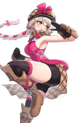 1girl :o absurdres armpits ass bare_shoulders bike_shorts black_gloves black_shorts black_thighhighs boots breasts brown_boots brown_hat brown_scarf newsboy_cap commentary_request fire_emblem fire_emblem_engage framme_(fire_emblem) gloves gonzarez grey_hair hat highres long_braid long_hair medium_breasts nintendo open_mouth pink_shirt scarf shirt shorts sideboob simple_background skindentation sleeveless sleeveless_shirt solo thighhighs thighs white_background yellow_eyesstiletto_heels
