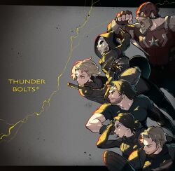 animification beard belt black_gloves black_hair blonde_hair bodysuit brown_hair bucky_barnes earrings facial_hair fingerless_gloves ghost_(marvel) gloves gun highres jewelry marvel marvel_cinematic_universe mask momoi_housuke red_guardian_(marvel) shield short_hair simple_background superhero_costume tall_male taskmaster thunderbolts_(movie) weapon yelena_belova