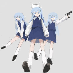 1girl absurdres between_legs blue_eyes blue_hair blue_skirt gochuumon_wa_usagi_desu_ka? grey_background gun hair_between_eyes hair_ornament hairo_(r228n) hand_between_legs highres holding holding_gun holding_weapon kafuu_chino long_hair long_sleeves looking_at_viewer multiple_views outstretched_arm puffy_sleeves simple_background skirt tippy_(gochiusa) weapon x_hair_ornament
