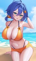 1girl absurdres ahoge arm_behind_head arm_support arm_up bare_shoulders beach belle_(zenless_zone_zero) bikini bikini_under_shorts blue_hair blue_sky blush breasts cleavage cloud collarbone commentary crossed_bangs day demcheg english_commentary fang green_eyes hair_between_eyes hair_ornament hand_in_own_hair highleg highleg_bikini highres large_breasts letter_hair_ornament light_particles looking_at_viewer low_twintails micro_shorts navel ocean on_ground open_mouth orange_bikini orange_shorts outdoors short_hair shorts sitting skin_fang sky smile solo stomach sunlight swimsuit thighs twintails zenless_zone_zero