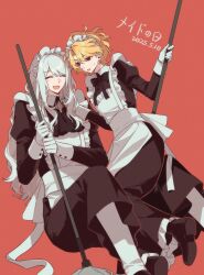 1boy 1girl alternate_costume apron ascot black_ascot black_bow black_bowtie black_dress black_shoes blonde_hair bow bowtie broom closed_eyes crossdressing don_quixote_(project_moon) dress enmaided full_body gloves highres holding holding_broom juliet_sleeves kamisiro_sora la_manchaland&#039;s_don_quixote_(project_moon) limbus_company long_hair long_sleeves looking_at_another looking_at_viewer maid maid_apron maid_headdress male_maid open_mouth parted_bangs project_moon puffy_sleeves red_background red_eyes sancho_(project_moon) shoes short_hair simple_background sitting standing white_apron white_gloves white_hair