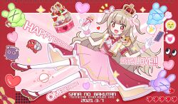 +_+ 1girl :d animal animal_on_shoulder brown_hair cake capelet cat cat_on_shoulder cellphone commentary_request crown crying_emoji dated dress emoji fang food full_body fur-trimmed_capelet fur_trim gloves hair_ornament hands_up happy_birthday heart holding holding_microphone kureya908 long_hair looking_at_viewer microphone mini_crown natori_sana natori_sana_(sana_channel_king) notice_lines official_alternate_costume open_mouth phone pink_dress rabbit_hair_ornament red_capelet red_eyes saana-kun sana_channel smartphone smile solo sparkle stuffed_animal stuffed_rabbit stuffed_toy two_side_up virtual_youtuber white_gloves