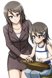 2girls aged_down aged_up bad_id bad_twitter_id blazer blue_pants brown_eyes brown_hair brown_jacket brown_skirt child closed_mouth commentary finnish_flag formal_clothes girls_und_panzer hair_ornament hairclip hand_on_another&#039;s_shoulder highres holding holding_instrument instrument jacket kantele long_hair long_sleeves looking_at_another medium_hair mika_(girls_und_panzer) miniskirt multiple_girls music omachi_(slabco) pants patch pencil_skirt playing_instrument shirt simple_background sitting skirt skirt_suit smile standing suit tank_top time_paradox white_background white_shirt white_tank_top