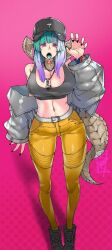 1girl armpit_crease au_ra baseball_cap belt black_footwear black_hat breasts claw_pose colored_tongue commission covered_erect_nipples crop_top denim dragon_horns dragon_tail eyebrows_hidden_by_hair final_fantasy final_fantasy_xiv gradient_hair green_hair green_tongue grey_jacket hat highres horns jacket jeans jewelry large_breasts looking_at_viewer mian multicolored_hair nail_polish navel necklace open_mouth pants pink_background polka_dot polka_dot_background purple_eyes purple_hair scales skeb_commission solo stomach tail teeth tongue tongue_out upper_teeth_only warrior_of_light_(ff14) watch wristwatch yellow_pants