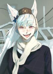 1girl absurdres animal_ears black_sweater blue_bow bow ear_bow gold_ship_(umamusume) highres horse_ears horse_girl husbant_(meme) long_hair meme open_mouth outdoors overcast pastepiphany pillbox_hat pink_eyes power_lines scarf sky snow solo sweater umamusume white_hair white_scarf