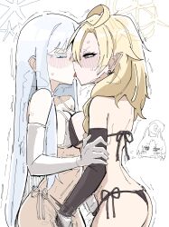 Rule 34 | 2girls, ahoge, asymmetrical docking, ayame (blue archive), bagaponchi, bare shoulders, bikini, black bikini, black gloves, blonde hair, blue archive, blush, breast press, breasts, elbow gloves, fingering, french kiss, gloves, halo, highres, kikyou (blue archive), kiss, large breasts, long hair, multiple girls, nagusa (blue archive), pointy ears, red eyes, side-tie bikini bottom, swimsuit, white background, white bikini, white gloves, white hair, yuri