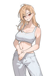 1girl breasts brown_hair cleavage collarbone grey_pants grey_sports_bra highres jewelry large_breasts long_hair looking_at_viewer navel nokaa_aru original pants parted_bangs parted_lips red_eyes ring simple_background smile solo sports_bra sweatpants white_background