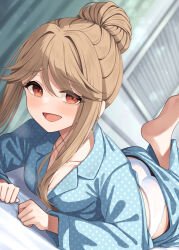 Rule 34 | 1girl, :d, ass, barefoot, bed, binsen, blue pajamas, blue pants, blurry, blurry background, blush, bra, bra peek, breasts, brown eyes, brown hair, cleavage, clothes pull, collarbone, commentary request, cowboy shot, curtains, dutch angle, foot up, hair between eyes, hair bun, hands up, heavy breathing, highres, idolmaster, idolmaster million live!, idolmaster million live! theater days, indoors, light particles, looking at viewer, lying, medium breasts, on bed, on stomach, open mouth, pajamas, panties, pants, pants pull, polka dot, polka dot pajamas, polka dot pants, purely silk (idolmaster), raised eyebrows, short hair with long locks, single hair bun, smile, soles, solo, sparkle, tenkuubashi tomoka, the pose, underwear, white bra, white panties, window blinds