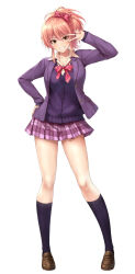 1girl black_socks blazer blush full_body grin highres idolmaster idolmaster_cinderella_girls jacket jougasaki_mika looking_at_viewer miniskirt pink_hair pink_skirt plaid_clothes plaid_skirt pleated_skirt ponytail purple_jacket purple_vest simple_background skirt smile socks solo suien vest w w_over_eye white_background