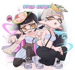 2girls baggy_pants black_hair bodystocking callie_(splatoon) callie_(summer_nights)_(splatoon) ear_piercing english_text fangs food fruit full_body grey_hair highres inkling inkling_(swim_form) lemon lemon_slice looking_at_viewer mangmengml marie_(splatoon) marie_(summer_nights)_(splatoon) mole mole_under_eye multiple_girls navel nintendo open_mouth orange_eyes oyster pants piercing pointy_ears shoes shrimp skirt smile sneakers sparkle splatoon_(series) splatoon_3 squatting strapless suspenders tentacle_hair tube_top