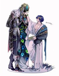 2boys alternate_height ancient_greek_clothes arm_behind_back aventurine_(honkai:_star_rail) belt blonde_hair blue_hair book boots bracelet claws dr._ratio_(honkai:_star_rail) ear_piercing earrings ermine fur-trimmed_boots fur_trim greco-roman_clothes grey_pants hair_ornament height_difference highres honkai:_star_rail honkai_(series) jewelry kiss kissing_hand knee_boots leaf_hair_ornament male_focus mask mensang multiple_boys pants peacock_print pectorals piercing pillar pointy_ears print_vest ring short_hair simple_background sitting thigh_strap vest waistcoat weasel white_background yaoi