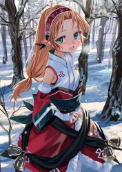 1girl aqua_eyes aquaplus bell black_sash blonde_hair blush branch breasts christmas cleavage dress from_side headband highres japanese_clothes kashiwagi_hatsune kizuato long_hair looking_at_viewer low-tied_long_hair luicent miko nose official_art open_mouth outdoors parted_bangs pointy_ears santa_costume santa_dress sash shadow sideboob sidelocks sleeveless small_breasts snow snowing solo standing tree utawarerumono utawarerumono:_lost_flag utawarerumono:_lost_flag_support_illustration_relay very_long_hair wide_sleeves
