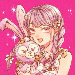 1girl animal_ears animification bow braid duffy_and_friends holding humanization long_hair looking_at_viewer low_twin_braids mizala purple_eyes purple_hair rabbit_ears shirt smile solo stellalou stuffed_animal stuffed_toy twin_braids