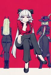 3girls animal_ears arm_at_side arm_support arm_tattoo arm_under_breasts ass baphomet_(grizz) belt black_belt black_boots black_coat black_gloves black_hat black_horns black_pants black_suit black_suspenders black_tail black_tailcoat blunt_bangs boots breasts closed_mouth coat collared_shirt cowboy_hat cross-laced_coat crossed_legs curled_horns demon_girl demon_horns demon_tail feathers fedora fingerless_gloves formal_clothes full_body gloves goat_ears goat_girl goat_horns grizz gun hair_ribbon hand_on_own_face hand_on_own_thigh hat hat_feather helltaker high-waist_pants high_heel_boots high_heels highres holding holding_gun holding_weapon horizontal_pupils horns knee_boots large_breasts long_hair looking_at_viewer low_ponytail mature_female multiple_girls open_clothes open_collar open_shirt original pale_skin pants pentagram pinstripe_pants pinstripe_pattern ponytail red_background red_eyes red_ribbon red_shirt ribbon shirt shirt_tucked_in sidelocks sitting sleeves_rolled_up smile suit suspenders symbol-shaped_pupils tail tattoo two-tone_background weapon white_background white_feathers white_hair