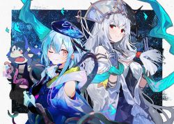 Rule 34 | 1boy, 1girl, alchemaniac, arknights, bare shoulders, blue cloak, blue hair, blue hat, blue ribbon, blush, choker, cloak, clothing cutout, doraemon, double v, dress, gloves, hands on own chin, hat, hat ribbon, headdress, highmore (arknights), horns, light smile, long hair, mizuki (arknights), namie-kun, non-web source, off-shoulder dress, off shoulder, official alternate costume, parody, purple eyes, red eyes, ribbon, short hair with long locks, shoulder cutout, skadi (arknights), skadi the corrupting heart (arknights), skadi the corrupting heart (sublimation) (arknights), smile, solo, surprised, tentacles, trap, v, very long hair