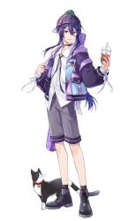 1boy alternate_costume animal animal_on_head ankle_boots ankle_socks arm_strap backwards_hat badge bangs_pinned_back baseball_cap bellflower black_cat black_choker black_ribbon black_shoes black_socks boots bubble_tea button_badge casual cat chinese_bellflower choker collar collarbone cup disposable_cup double-parted_bangs drinking_straw ensemble_stars! flower flower_pin full_body grey_shorts grin hair_between_eyes hair_ornament hairclip hat highres holding holding_cup holding_strap hood hoodie jacket kamegorou kanzaki_souma lace-up_boots long_hair long_sleeves looking_at_viewer male_focus nancy980216 neck_ribbon on_head plaid_shoes pocket ponytail purple_eyes purple_hair purple_hoodie purple_jacket red_collar ribbon shirt shoes shorts sidelocks simple_background sleeve_ribbon smile socks solo techwear turtle untucked_shirt very_long_hair weapon_bag white_background white_shirt