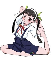 1girl bakemonogatari bandaid bandaid_on_knee bandaid_on_leg barefoot black_hair blue_skirt blush brown_eyes closed_mouth foot_up full_body green_ribbon hachikuji_mayoi hair_ribbon hairband itoma_mahimahi looking_at_viewer monogatari_(series) neck_ribbon on_ground red_ribbon ribbon school_uniform short_sleeves simple_background skirt smile solo stretching suspender_skirt suspenders thighs toes twintails white_background white_hairband yoga