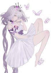 1girl barefoot black_tiara bug butterfly castorice_(honkai:_star_rail) closed_mouth dress floating flower from_side full_body hair_flower hair_ornament hand_up highres honkai:_star_rail honkai_(series) insect long_hair looking_at_viewer m_lace pale_skin purple_eyes purple_hair simple_background solo tiara very_long_hair white_background white_dress white_hair