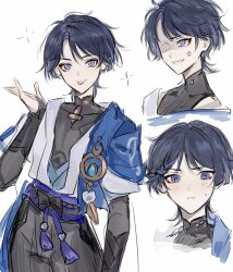 Rule 34 | 1boy, alternate hairstyle, anger vein, arm at side, armor, artist name, belt, black belt, black bodysuit, black bow, black bridal gauntlets, black hair, black shorts, blue cape, blue gemstone, blue kimono, blue sleeves, blunt ends, blush, bodysuit, bow, braid, braided bangs, bridal gauntlets, bright pupils, cape, contrapposto, cowboy shot, cropped head, cropped torso, eyeliner, eyeshadow, feathers, gem, genshin impact, gold, hakama, hakama shorts, hand up, highres, japanese armor, japanese clothes, juban, kimono, kote, kurokote, layered sleeves, looking at viewer, looking to the side, makeup, male focus, mandarin collar, multicolored hair, multiple expressions, open clothes, open kimono, parted lips, pleated shorts, pom pom (clothes), purple eyes, purple sash, red eyeliner, red eyeshadow, sash, scaramouche (genshin impact), sgm618, short sleeves, shorts, shoulder peek, sketch, smile, solo, streaked hair, sweatdrop, swept bangs, tsurime, wanderer (genshin impact), white kimono, white mouth, white pupils, white sleeves, yellow feathers