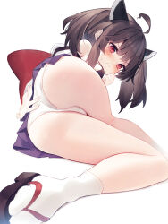1girl absurdres ahoge ass black_hair blush diieru embarrassed flip-flops headgear highres long_hair looking_at_viewer lying on_side panties pleated_skirt red_eyes sandals skirt socks solo touhoku_kiritan twintails underwear voiceroid white_panties white_socks