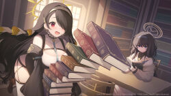 2girls bags_under_eyes black_hair blue_archive blush book book_stack breasts chair detached_sleeves dress dropping earrings hair_between_eyes hair_over_one_eye hairband halo highres hinata_(blue_archive) jewelry large_breasts library logo long_hair miko_(royal_milk) multiple_girls necklace nun official_art open_mouth red_eyes sailor_collar school_uniform serafuku sitting skindentation sweat table thighhighs ui_(blue_archive) very_long_hair white_sailor_collar white_thighhighs wide_sleeves window