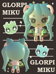 1girl 3d absurdres alien alternate_costume alternate_skin_color animal_ears aqua_hair blush cat cat_ears cat_girl cat_tail chibi chibi_only colored_skin detached_sleeves glorpi_miku_(dyarikku) green_skin hatsune_miku highres lavy_(lavnko) necktie tail twintails vocaloid