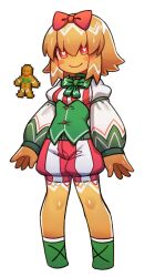 1girl belt blush_stickers boots bow bowtie breasts brown_hair closed_mouth commentary_request cookie corset dark_skin food full_body gingerbread_man gingerbread_man_(terraria) green_belt green_boots green_bow green_bowtie green_corset heart heart-shaped_pupils highres juliet_sleeves korean_commentary long_sleeves looking_at_viewer monster_girl nyong_nyong orange_bow orange_eyes paid_reward_available personification puffy_sleeves red_shirt red_shorts shirt short_hair shorts simple_background small_breasts smile solo striped_clothes striped_shirt striped_shorts symbol-shaped_pupils terraria vertical-striped_clothes vertical-striped_shirt vertical-striped_shorts white_background white_shirt