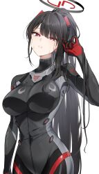 Rule 34 | 1girl, absurdres, black bodysuit, black halo, blue archive, bodysuit, breasts, bright pupils, commentary, halo, highres, impossible bodysuit, impossible clothes, large breasts, looking at viewer, maruta (shummylass), official alternate costume, ponytail, red eyes, rio (blue archive), rio (bodysuit) (blue archive), simple background, skin tight, solo, sweat, white background, white pupils