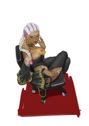 1girl absurdres bodypaint braid braided_ponytail breasts bursting_breasts chair cleavage curvy dark-skinned_female dark_skin dolores_(kof) dress earrings female_focus glasses gold green_eyes highres huge_breasts jewelry large_breasts liudj1993 long_hair looking_at_viewer looking_back office_chair purple_hair round_eyewear sitting smile smiley_face swivel_chair the_king_of_fighters thick_thighs thighs tight_clothes white_hair wide_hips